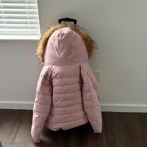 Pink Hooded Puffer coat with Faux Fur Trim